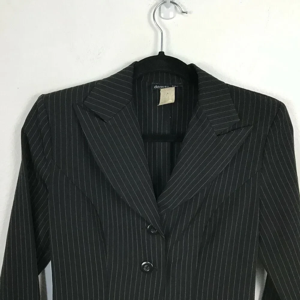 Vintage 90s Y2K Blazer Size 3 Polyester Blend Long Sleve Black‎ Striped XS